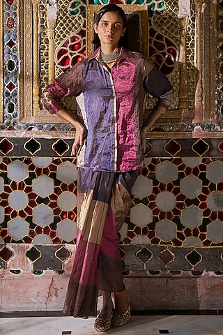 Multi-Colored Silk & Banarasi Tissue Striped Skirt by Dash and Dot