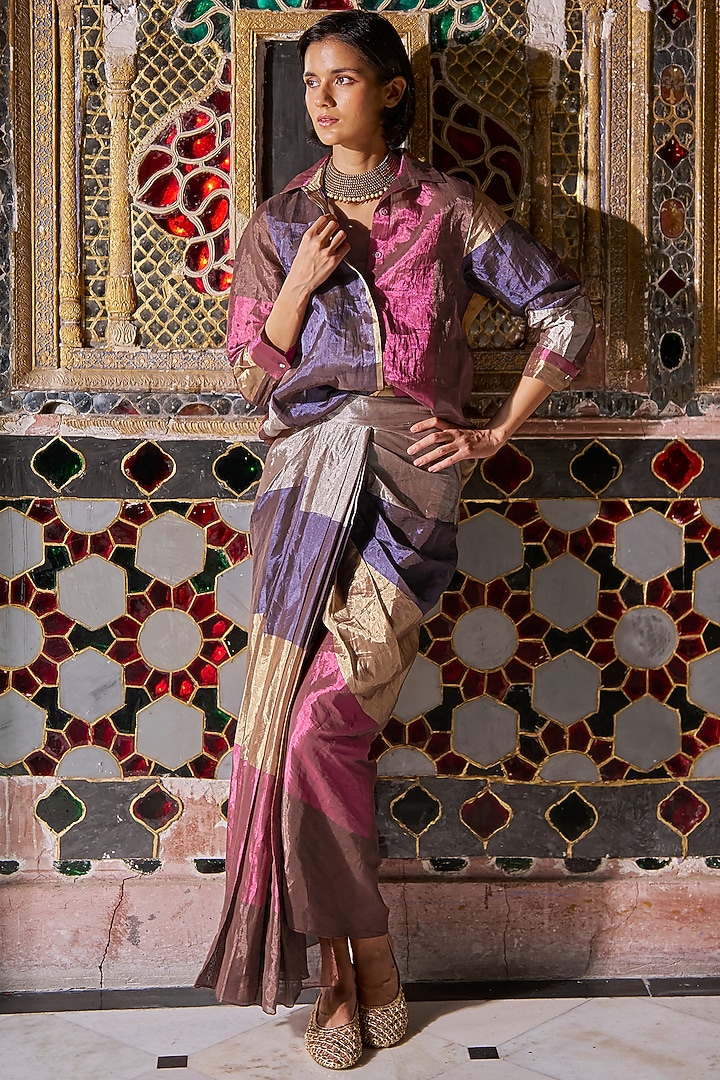 Multi-Colored Silk & Banarasi Tissue Color Blocked Skirt Set by Dash and Dot at Pernia's Pop Up Shop