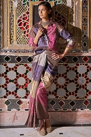 Multi-Colored Silk & Banarasi Tissue Color Blocked Skirt Set by Dash and Dot