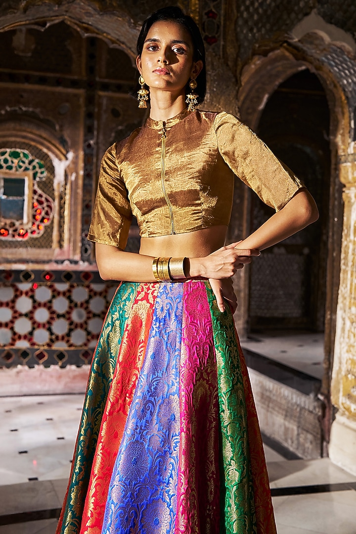 Gold Silk & Banarasi Tissue Crop Top by Dash and Dot at Pernia's Pop Up Shop