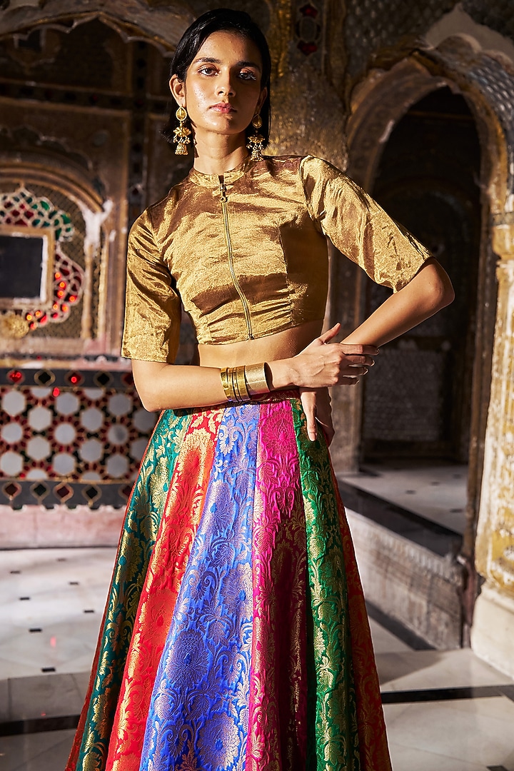 Gold Silk & Banarasi Tissue Crop Top by Dash and Dot at Pernia's Pop Up Shop