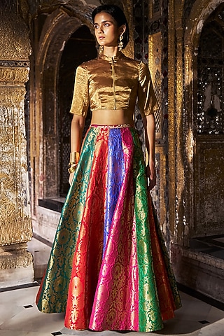 Multi-Colored Banarasi Brocade Embroidered Skirt Set by Dash and Dot