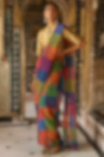 Multi-Colored Recycled Polyester Checkered Draped Skirt Festive Saree by Dash and Dot at Pernia's Pop Up Shop