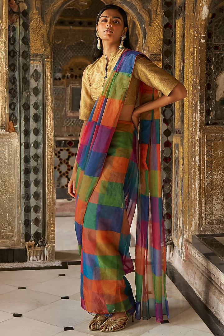 Multi-Colored Recycled Polyester Checkered Draped Skirt Festive Saree by Dash and Dot at Pernia's Pop Up Shop