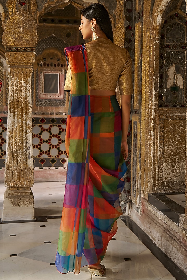 Multi-Colored Recycled Polyester Checkered Draped Skirt Festive Saree by Dash and Dot at Pernia's Pop Up Shop
