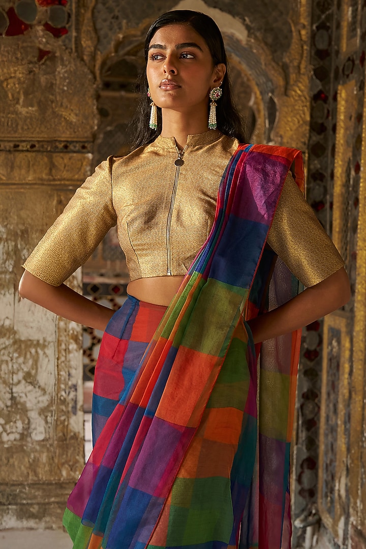 Multi-Colored Recycled Polyester Checkered Draped Skirt Festive Saree by Dash and Dot at Pernia's Pop Up Shop