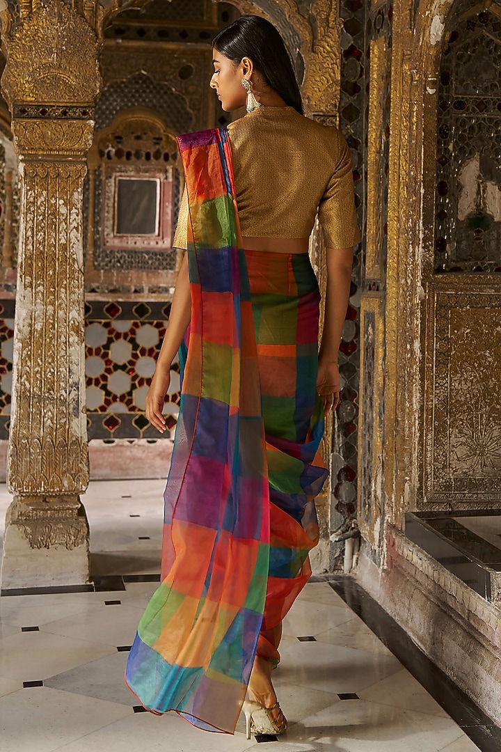 Multi-Colored Recycled Polyester Checkered Draped Skirt Festive Saree Set by Dash and Dot at Pernia's Pop Up Shop