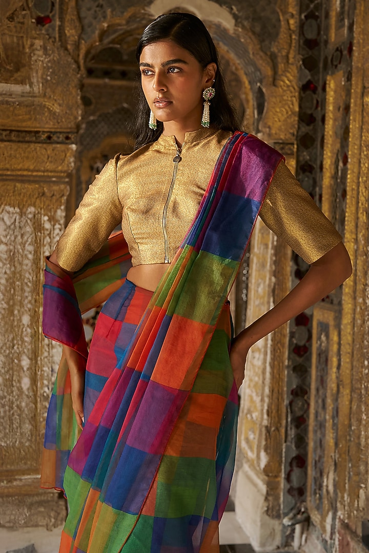 Multi-Colored Recycled Polyester Checkered Draped Skirt Festive Saree Set by Dash and Dot at Pernia's Pop Up Shop
