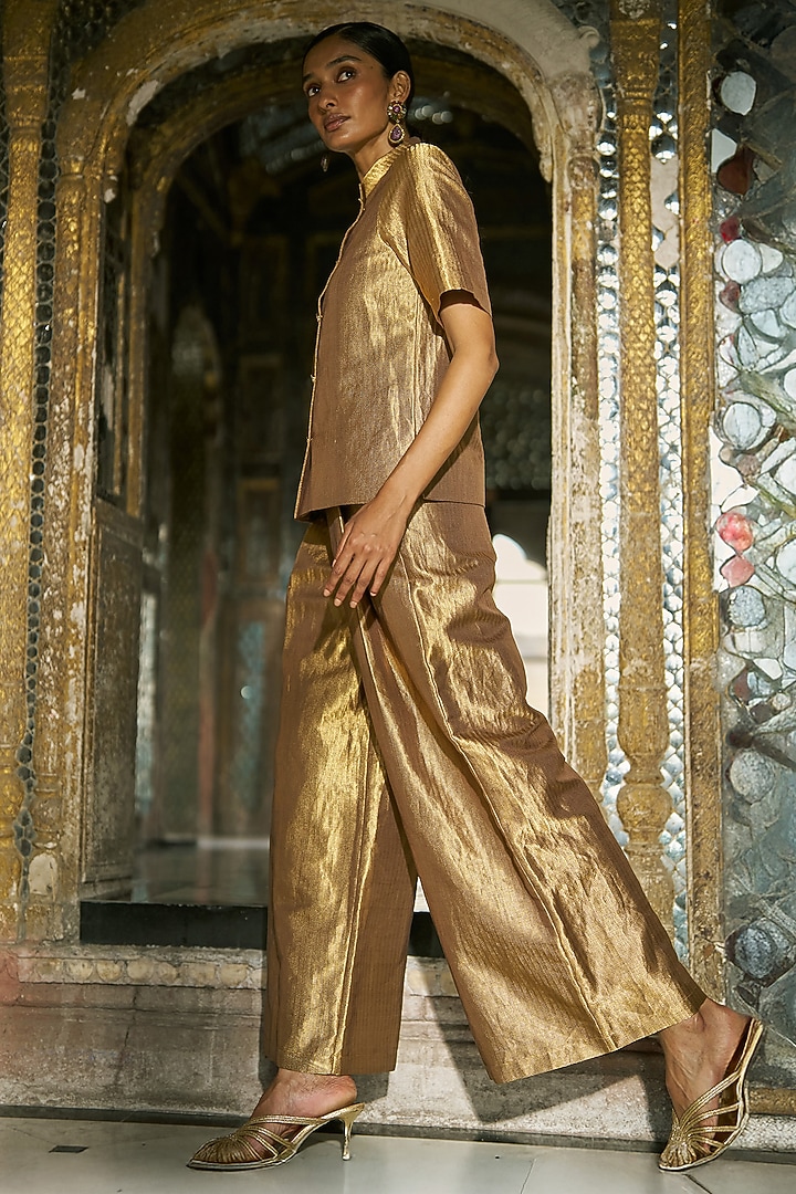 Gold Banarasi Silk Brocade Top by Dash and Dot at Pernia's Pop Up Shop