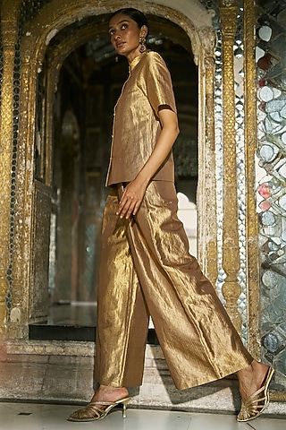 Gold Banarasi Silk Brocade Top by Dash and Dot
