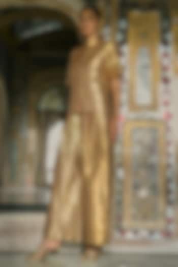 Gold Banarasi Silk Brocade High Waist Pants by Dash and Dot at Pernia's Pop Up Shop