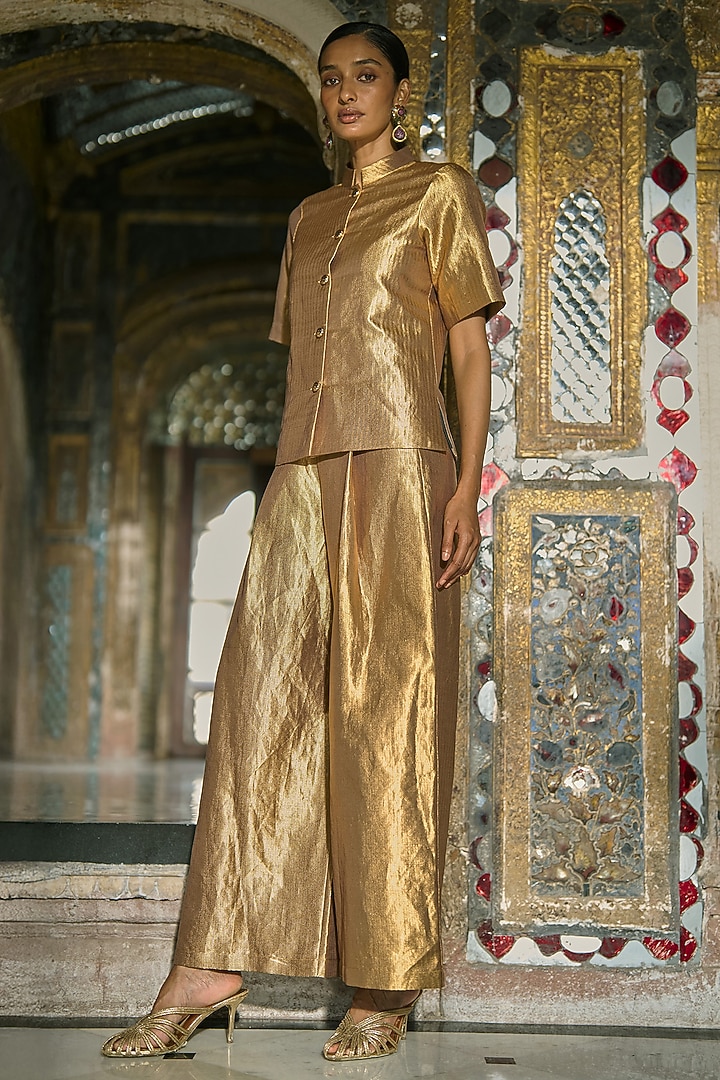 Gold Banarasi Silk Brocade High Waist Pants by Dash and Dot at Pernia's Pop Up Shop