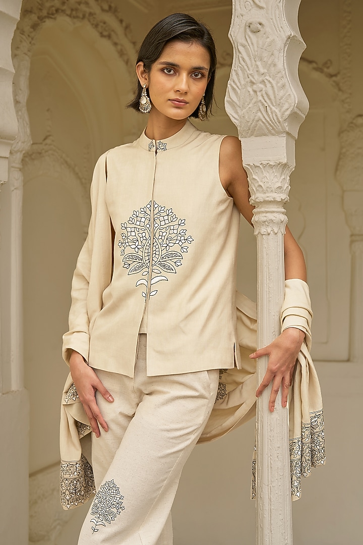 Beige Viscose & Linen Embroidered Top by Dash and Dot at Pernia's Pop Up Shop