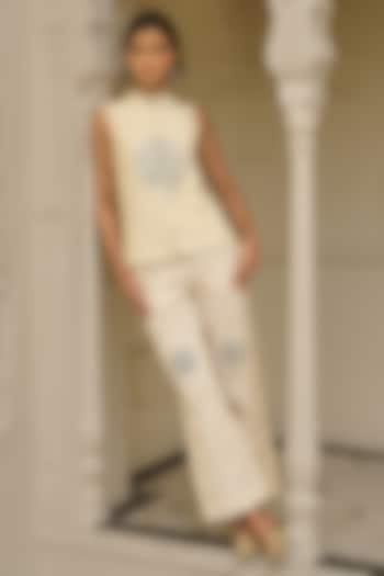 Beige Cotton & Linen Embroidered Pants by Dash and Dot at Pernia's Pop Up Shop