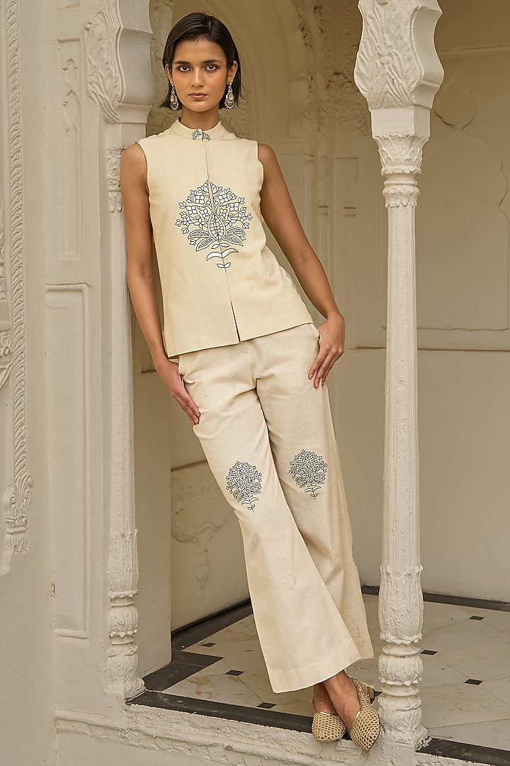 Beige Cotton & Linen Embroidered Pants by Dash and Dot at Pernia's Pop Up Shop