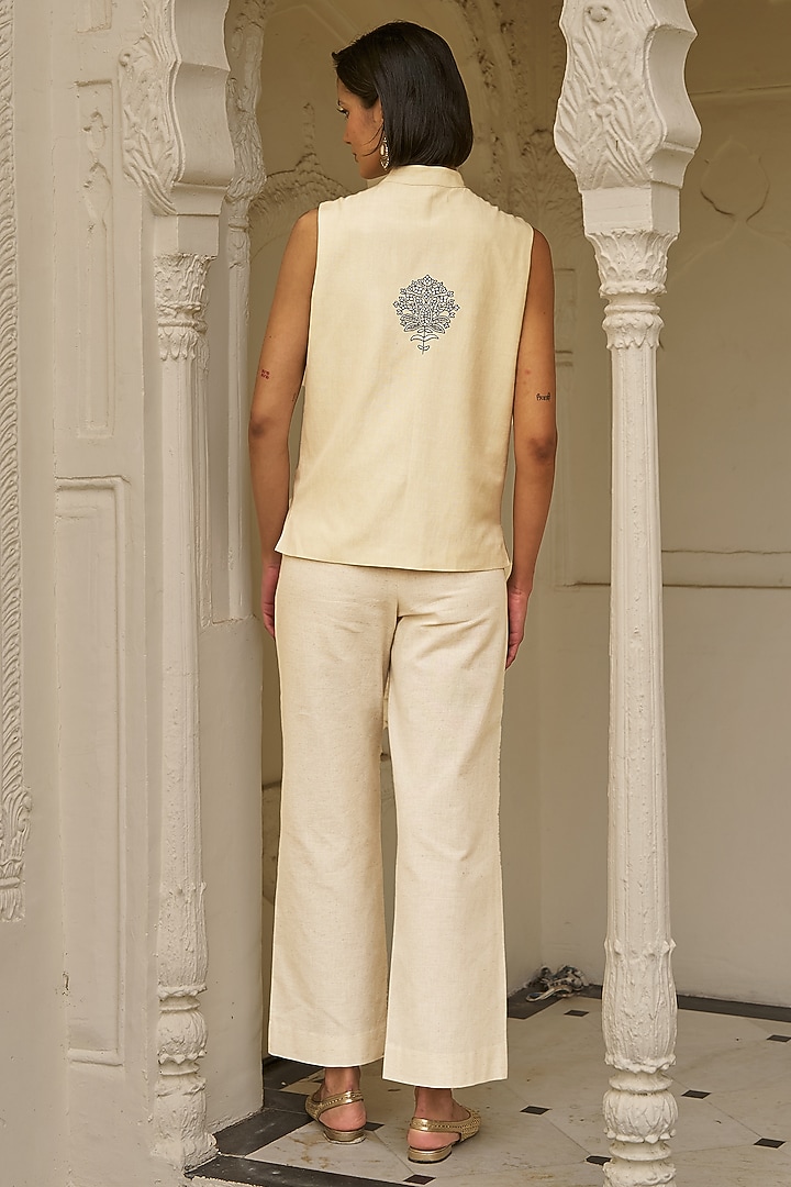 Beige Cotton & Linen Embroidered Pants by Dash and Dot at Pernia's Pop Up Shop