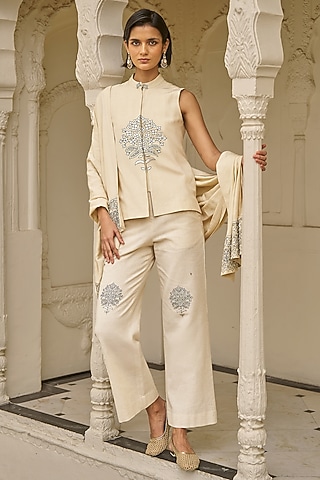 Beige Viscose & Linen Embroidered Shawl by Dash and Dot