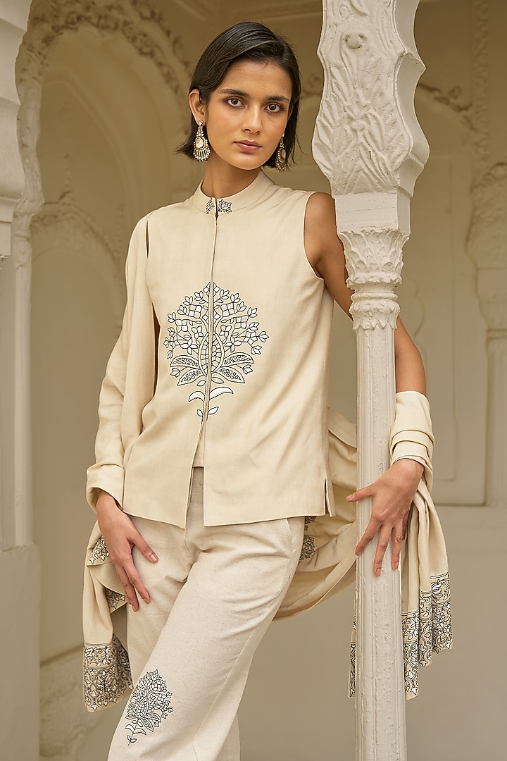 Beige Viscose & Linen Embroidered Shawl by Dash and Dot at Pernia's Pop Up Shop