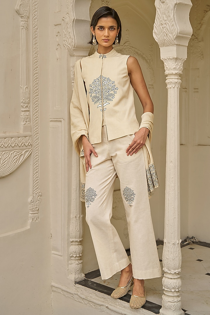 Beige Viscose & Linen Embroidered Pant Set by Dash and Dot at Pernia's Pop Up Shop