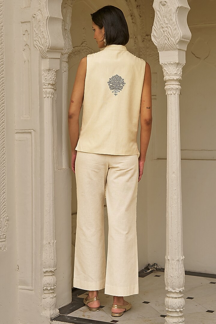 Beige Viscose & Linen Embroidered Pant Set by Dash and Dot at Pernia's Pop Up Shop