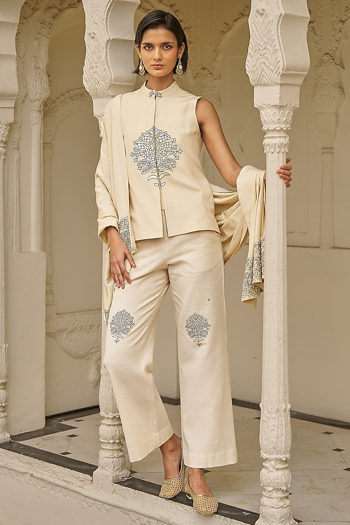 Beige Viscose & Linen Embroidered Pant Set by Dash and Dot at Pernia's Pop Up Shop