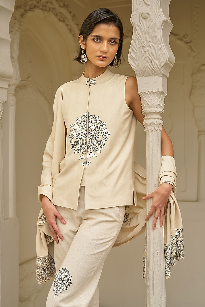 Beige Viscose & Linen Embroidered Pant Set by Dash and Dot at Pernia's Pop Up Shop