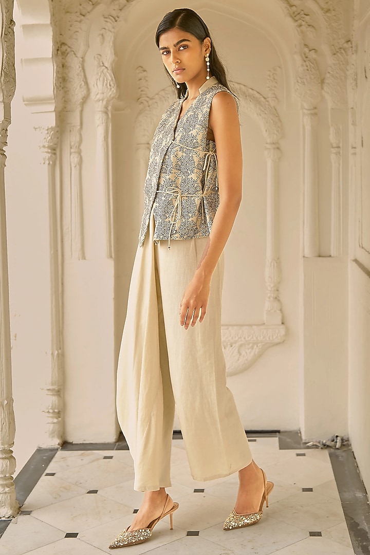 Beige Viscose & Linen Embroidered Waistcoat Top by Dash and Dot at Pernia's Pop Up Shop