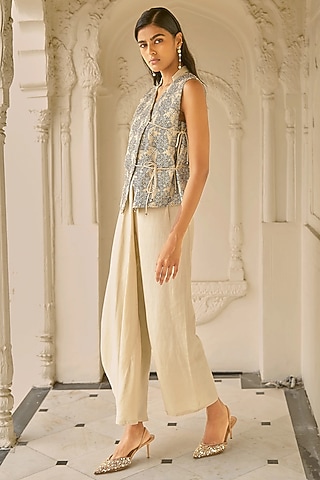 Beige Cotton & Linen Asymmetrical Pants by Dash and Dot