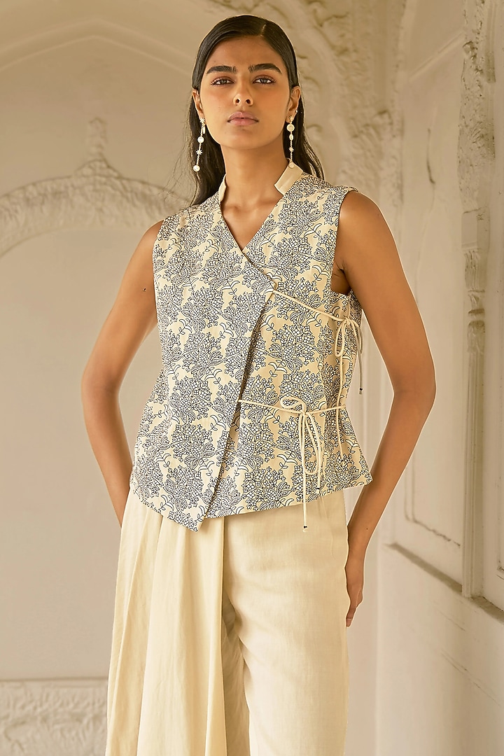 Beige Cotton & Linen Asymmetrical Pant Set by Dash and Dot at Pernia's Pop Up Shop