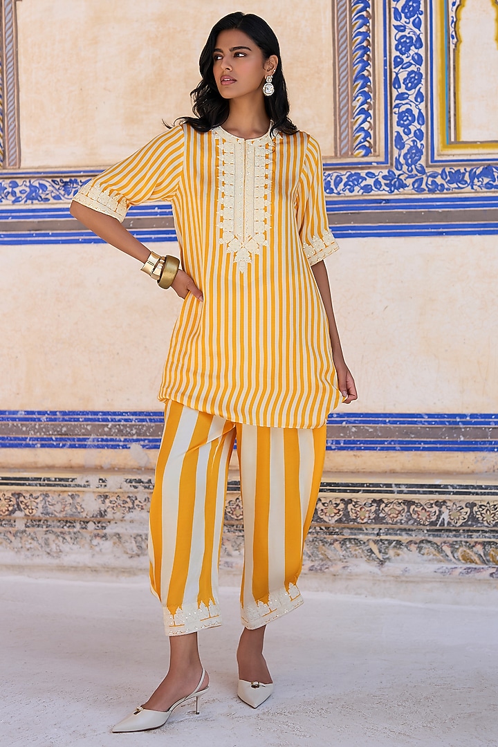 Yellow & White Modal Striped Co-Ord Set by Dash and Dot at Pernia's Pop Up Shop
