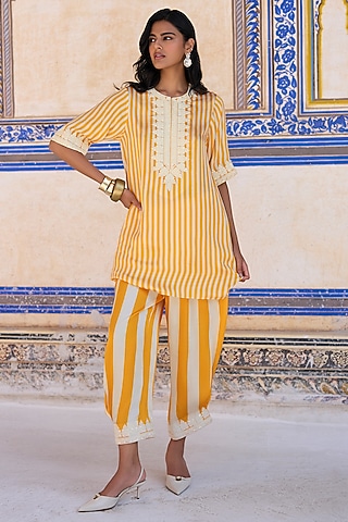 Yellow & White Modal Striped Co-Ord Set by dash and dot