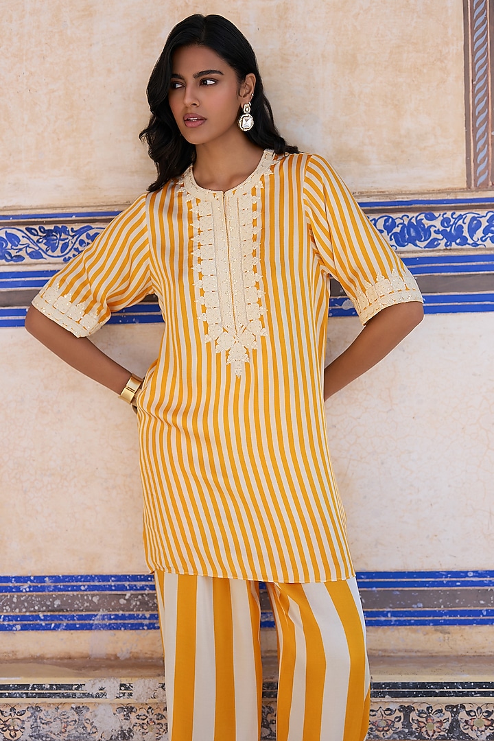 Yellow & White Modal Striped Co-Ord Set by Dash and Dot at Pernia's Pop Up Shop