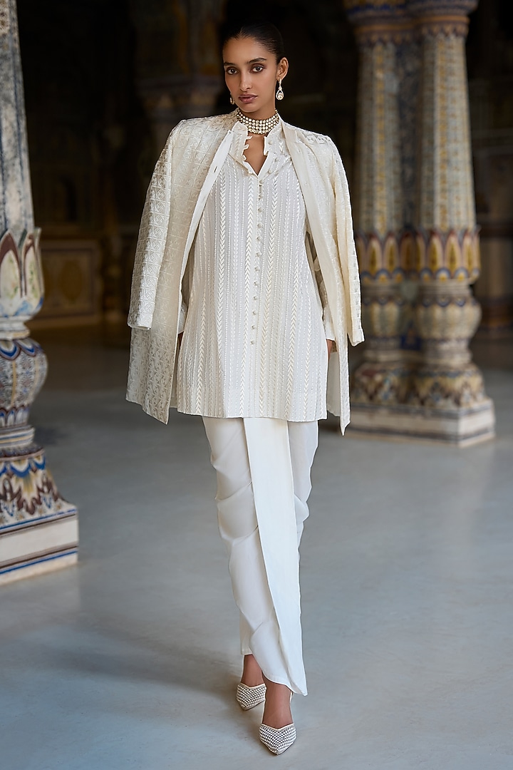 Ivory Viscose Thread Embroidered Jacket Set by Dash and Dot at Pernia's Pop Up Shop