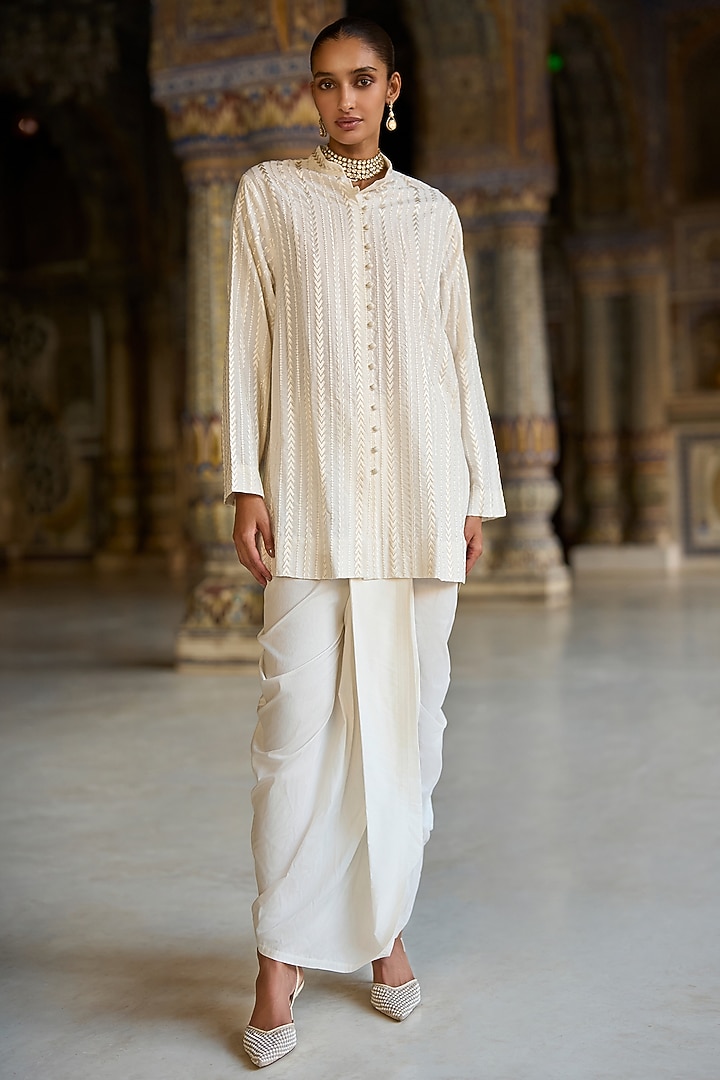 Ivory Viscose Thread Embroidered Jacket Set by Dash and Dot at Pernia's Pop Up Shop
