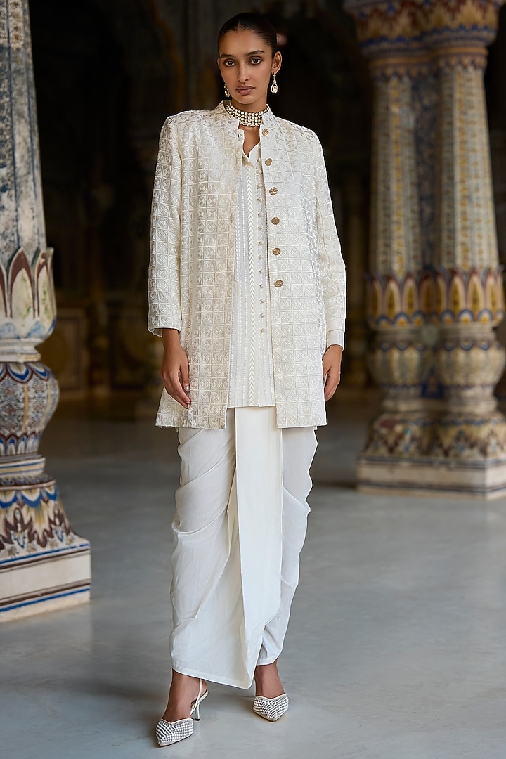 Ivory Viscose Thread Embroidered Jacket Set by Dash and Dot at Pernia's Pop Up Shop