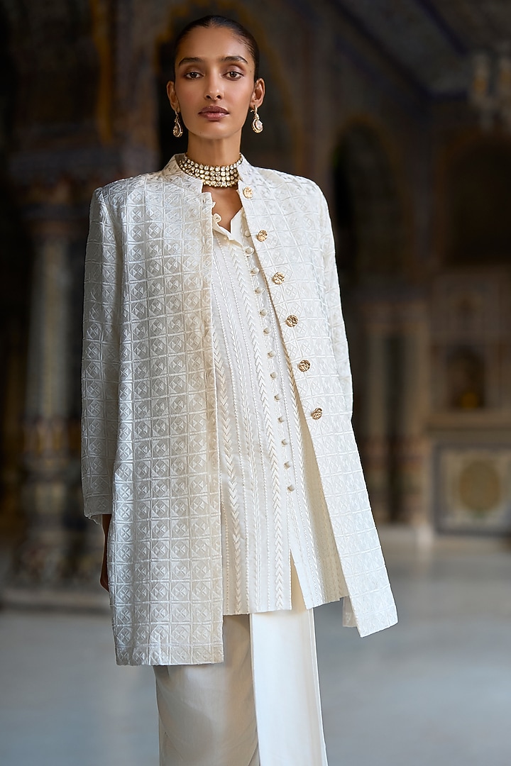 Ivory Viscose Thread Embroidered Jacket Set by Dash and Dot at Pernia's Pop Up Shop