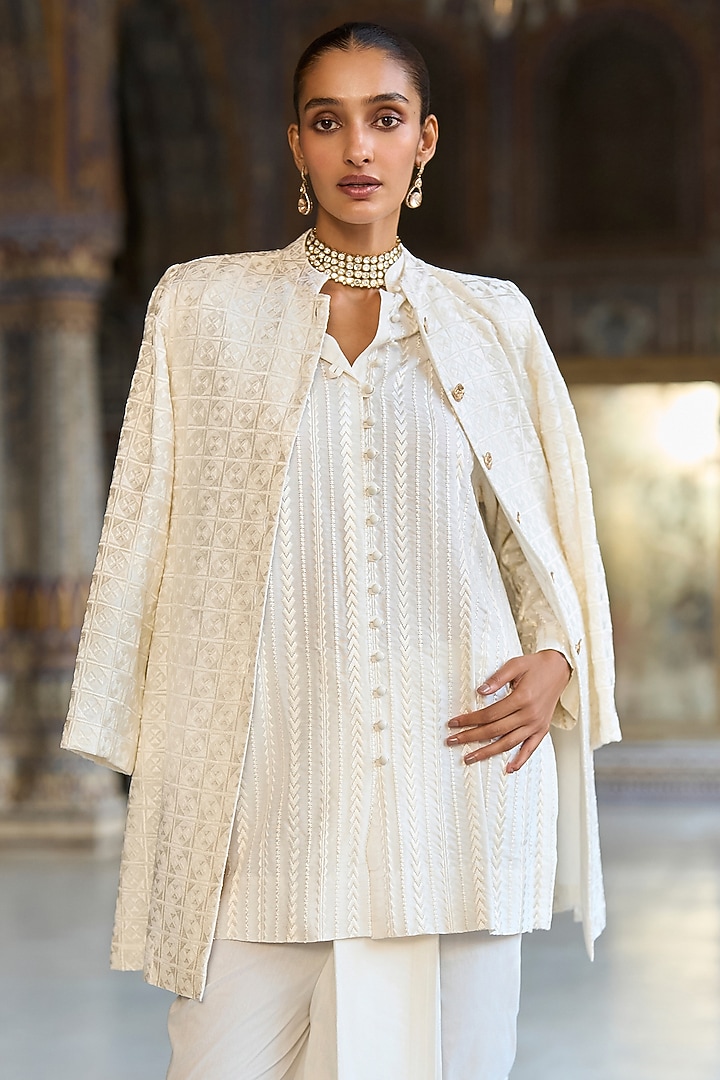 Ivory Viscose Thread Embroidered Jacket Set by Dash and Dot at Pernia's Pop Up Shop