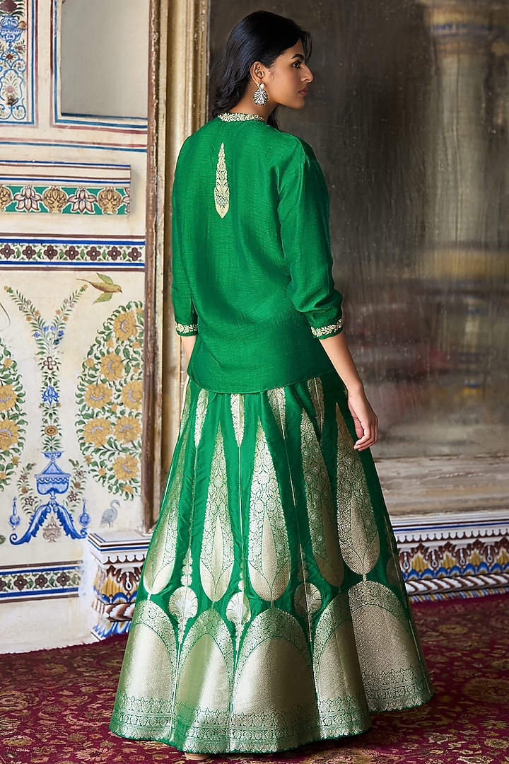 Emerald Green & Gold Banarasi Brocade Maxi Skirt Set by Dash and Dot at ...