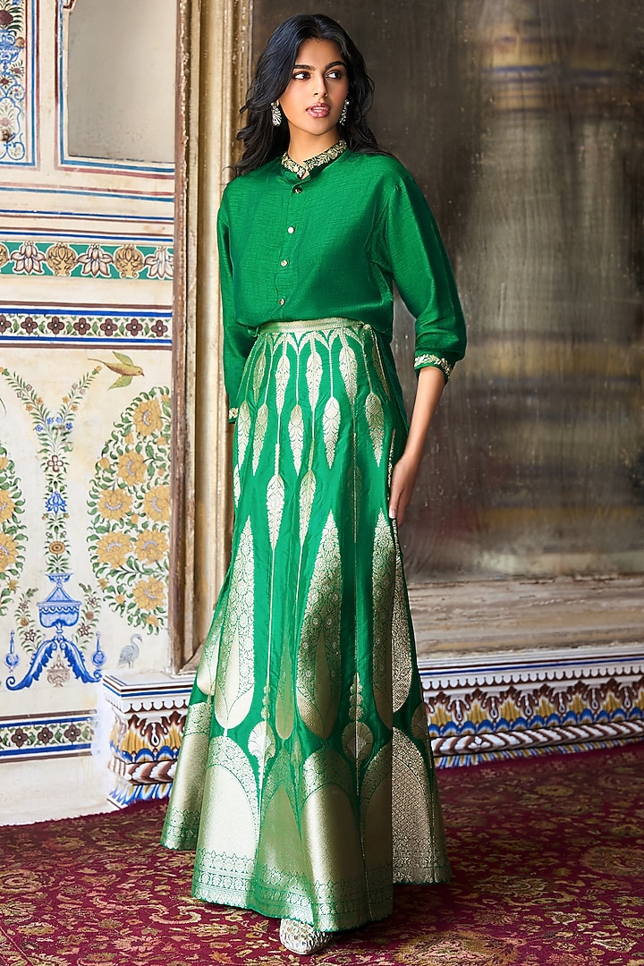 Emerald Green & Gold Banarasi Brocade Maxi Skirt Set by Dash and Dot at ...