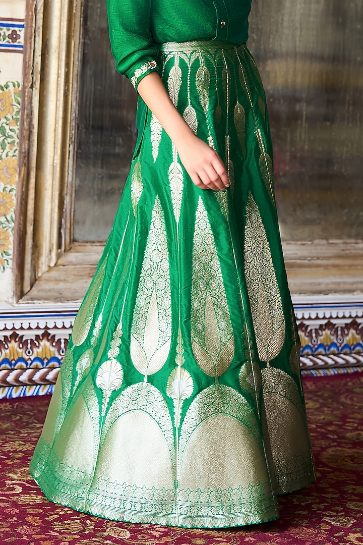 Emerald Green & Gold Banarasi Brocade Maxi Skirt Set by Dash and Dot at ...