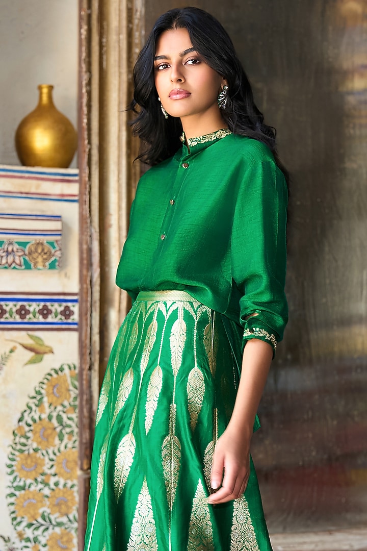 Emerald Green & Gold Banarasi Brocade Maxi Skirt Set by Dash and Dot at ...