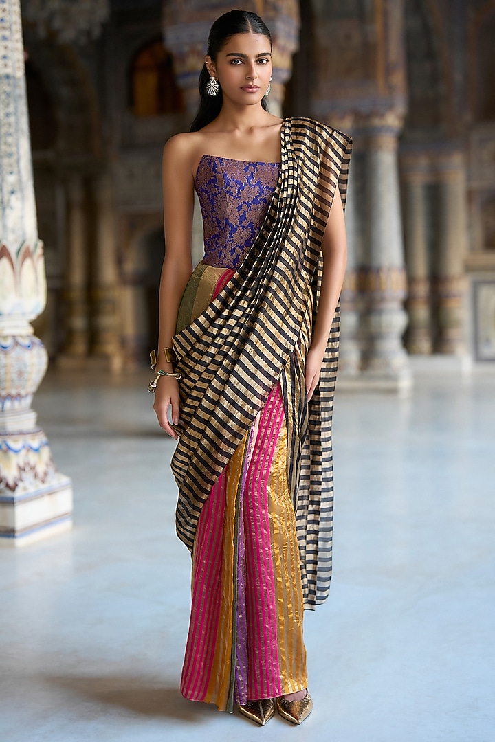 Multi-Colored Poly Lurex & Banarasi Tissue Stripe Draped Skirt Festive Saree by Dash and Dot at Pernia's Pop Up Shop