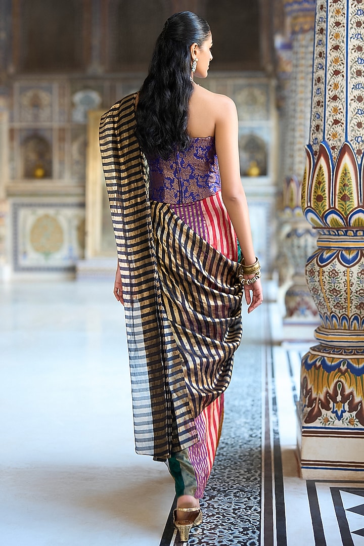 Multi-Colored Poly Lurex & Banarasi Tissue Stripe Draped Skirt Festive Saree by Dash and Dot at Pernia's Pop Up Shop