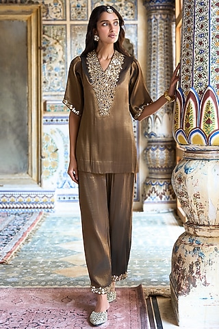Brown Banarasi Silk Tissue Thread Embroidered Co-Ord Set by dash and dot