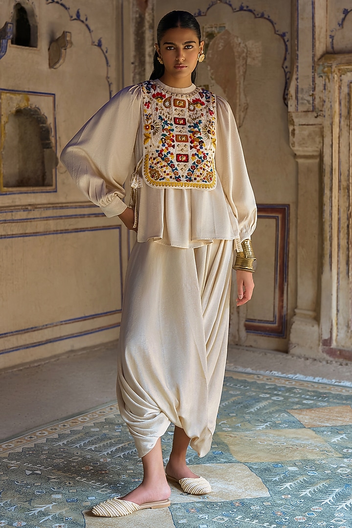 Ivory Viscose Draped Pant Set by Dash and Dot at Pernia's Pop Up Shop