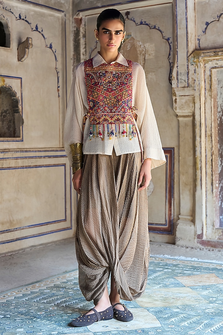 Bronze Lurex Cotton Silk Cowl Draped Pant Set by Dash and Dot at Pernia's Pop Up Shop