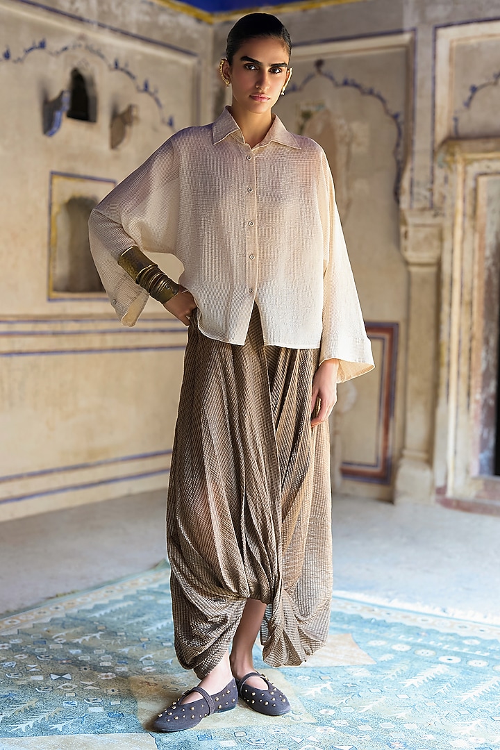 Bronze Lurex Cotton Silk Cowl Draped Pant Set by Dash and Dot at Pernia's Pop Up Shop