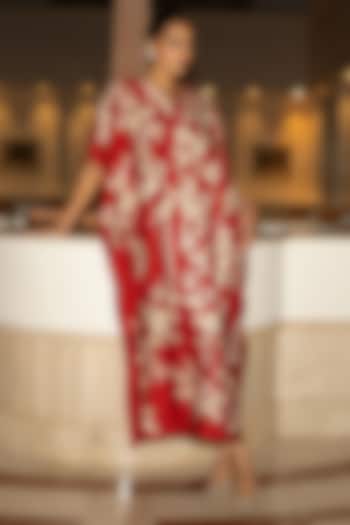 Red & Gold Modal Satin Foil Motif Embroidered Kaftan by Dash and Dot at Pernia's Pop Up Shop