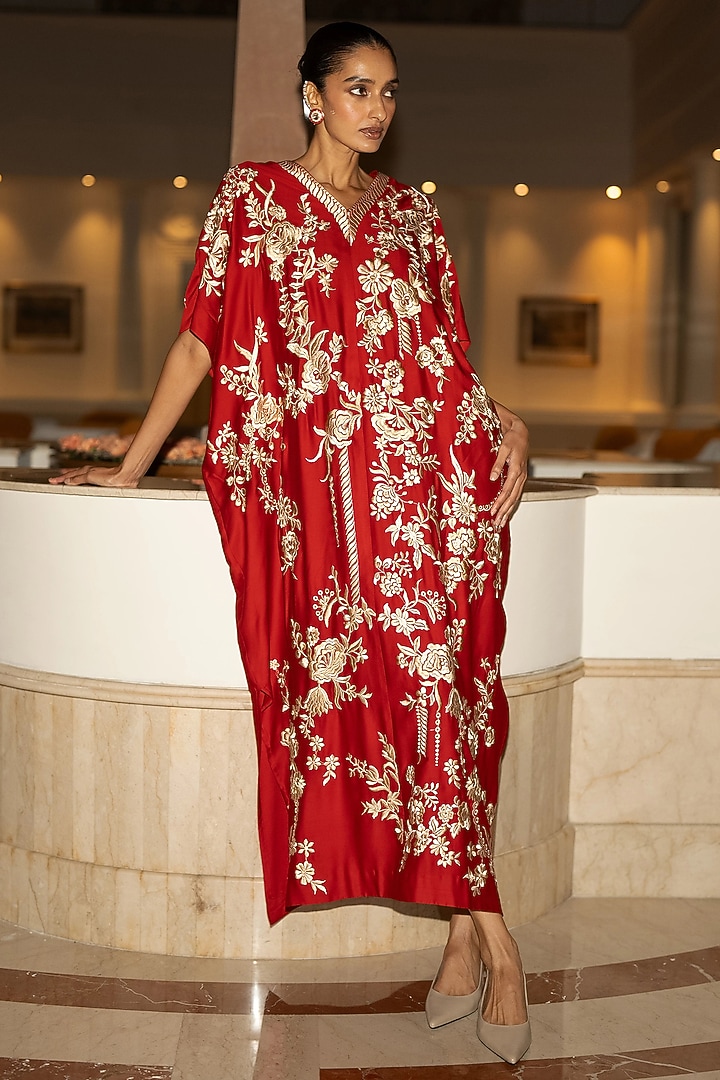 Red & Gold Modal Satin Foil Motif Embroidered Kaftan by Dash and Dot at Pernia's Pop Up Shop