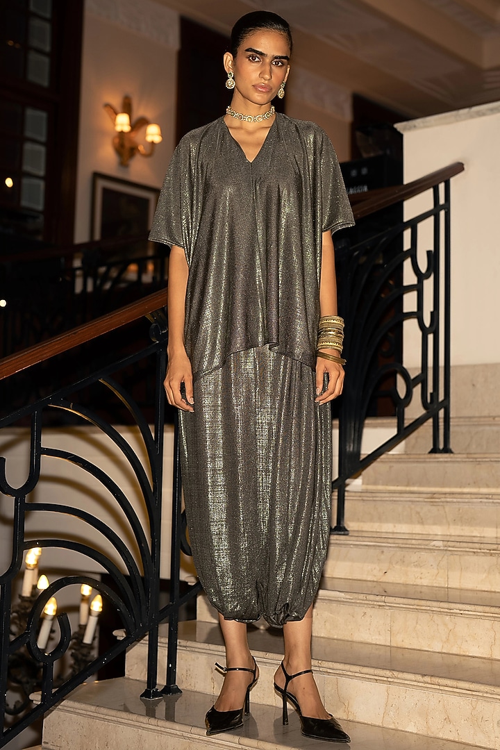 Pewter-Colored Knit Foil Printed Draped Pant Set by Dash and Dot at Pernia's Pop Up Shop